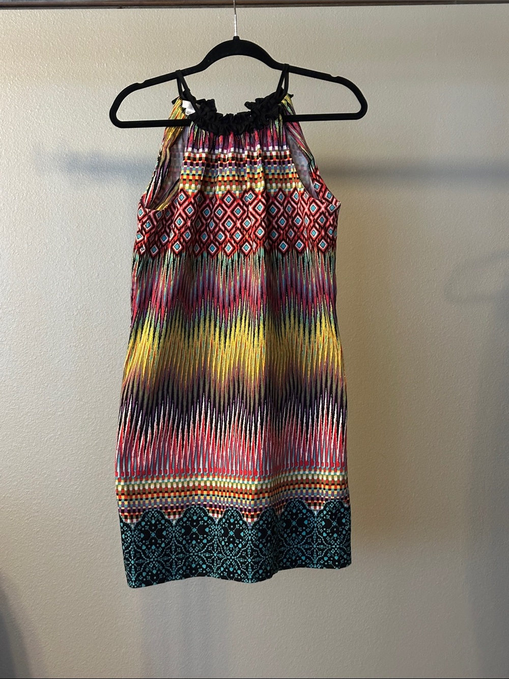 London Times Multicolor Geo-Print Halter Dress with Black Ruffle